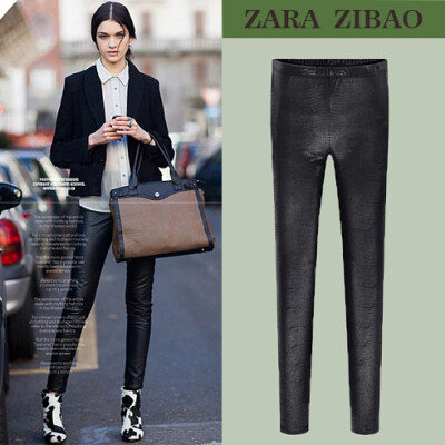 zara zibao代购秋冬女装 黑色蛇纹皮裤 加绒加厚保暖显瘦打底裤外