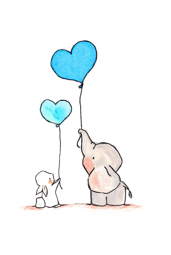 Flying Hearts, Turquoise. Nursery elephant bunny art print decor