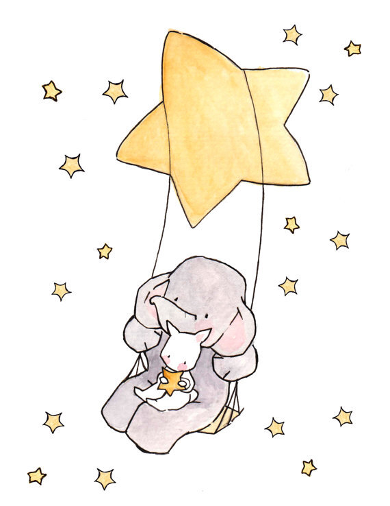 Swinging Stars and Moonbeams 8x10 Nursery Art Illustration Print,