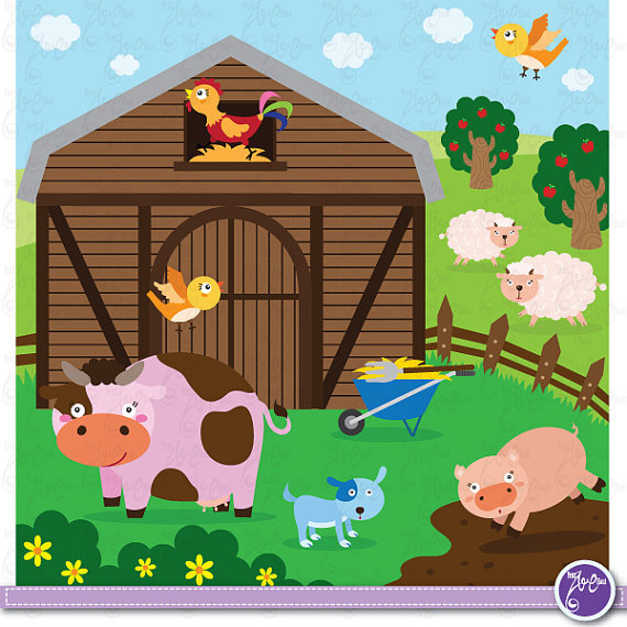 Farm Animals Clip Art, Cute animals, barnyard animals,cow,sheep,rooster,pig,dog. Scrapbook, Cards, Invitations,Paper Craft Am006