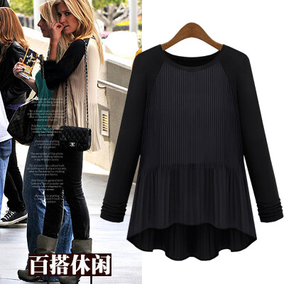 欧美大牌外贸原单女装秋冬新款宽松圆领打底衫女长袖上衣t恤大码