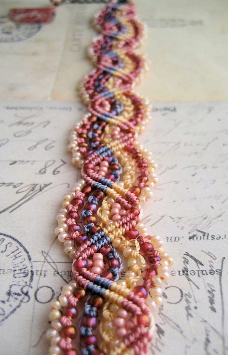 Lacy Pink Beaded Macrame Bracelet Waves of MicroMacrame. $33.99, via Etsy.