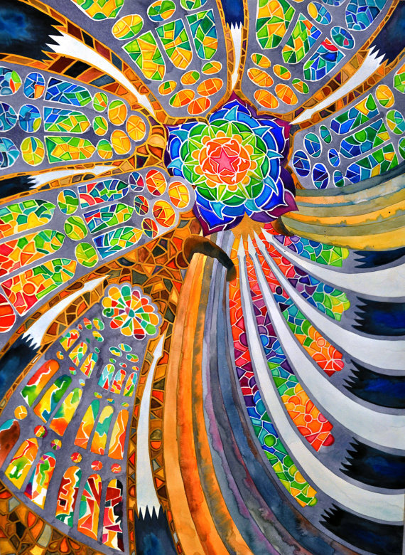 没有什么比我爱你 更让我崇拜你 To Gaudi。 - Summer ‘❤’ Sagrada Familia (Barcelona Spain Travel Rainbow Trippy Spiritual Mandala Stained Glass Antonio Guadi Architecture Watercolor Painting)