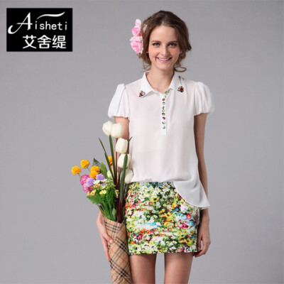 2013夏季新款 通勤淑女裙 polo翻领连衣裙 泡泡袖连衣裙 不规则裙