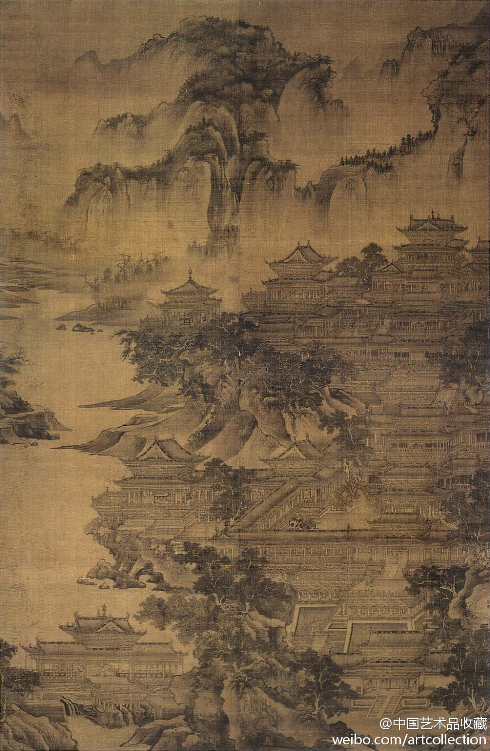 【 五代宋初 郭忠恕 《明皇避暑宫图》 】绢本，墨笔，161.5×105.6cm，日本大阪国立美术馆藏。 此图无款识，画幅题签:“郭忠恕越王宫殿图，穰梨馆藏。”画中宫室建筑宏伟壮丽，结构复杂，细密精工，造型准确，避暑宫背山面水，景色宜人。图中山石呈卷云状，其宫殿楼阁描绘精密工致，法度严谨。