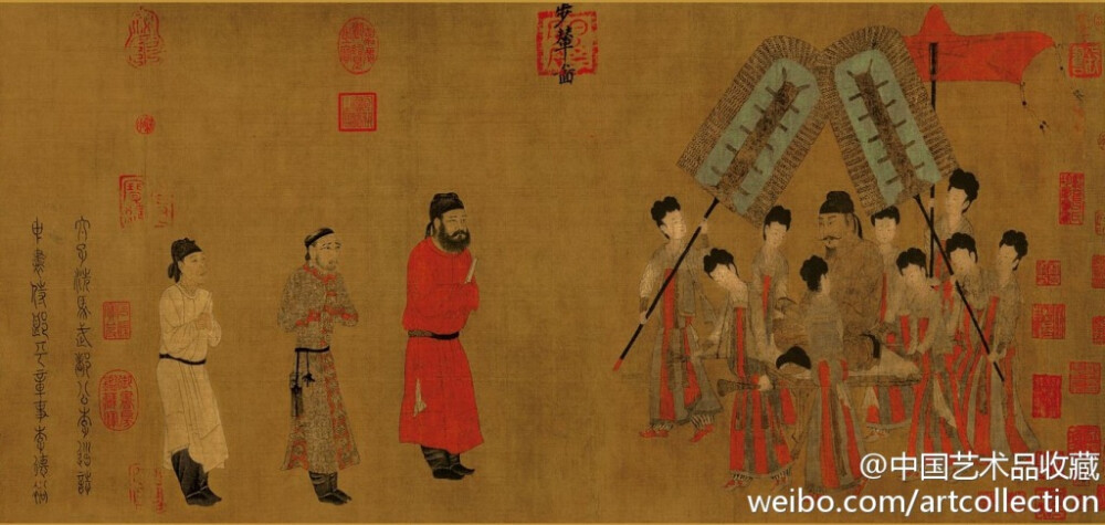 【 唐 阎立本 《步辇图》 】卷，绢本设色，38.5×129.6cm，北京故宫藏。 此图以641年吐蕃首领松赞干布与文成公主联姻的历史事件为题材，描绘唐太宗接见来迎娶文成公主的吐蕃使臣禄东赞的情景。画中唐太宗的威严和睦，吐蕃使者的敬畏恭谦、礼仪官的肃穆、宫女们的顾盼等特点跃然娟上