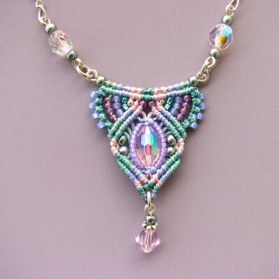 Macrame Necklace -Micro Macrame with glass beads, aqua green, peach,lavender, pink. $52.00, via Etsy.