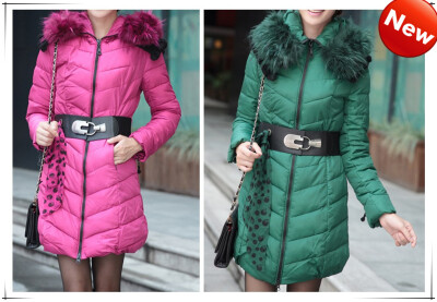 冬装新款超大毛领韩版修身蕾丝 中长款羽绒棉服