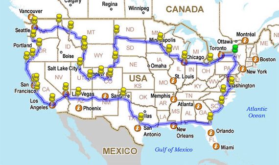 How to Drive across the USA hitting all the major landmarks. This would be a fun summer-long road trip!