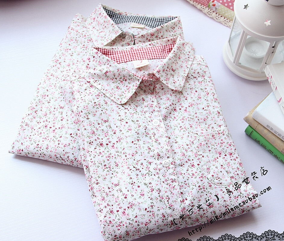 2013外贸原单女装日系田园唯美碎花格子棉质长袖衬衫 衫衣 打底