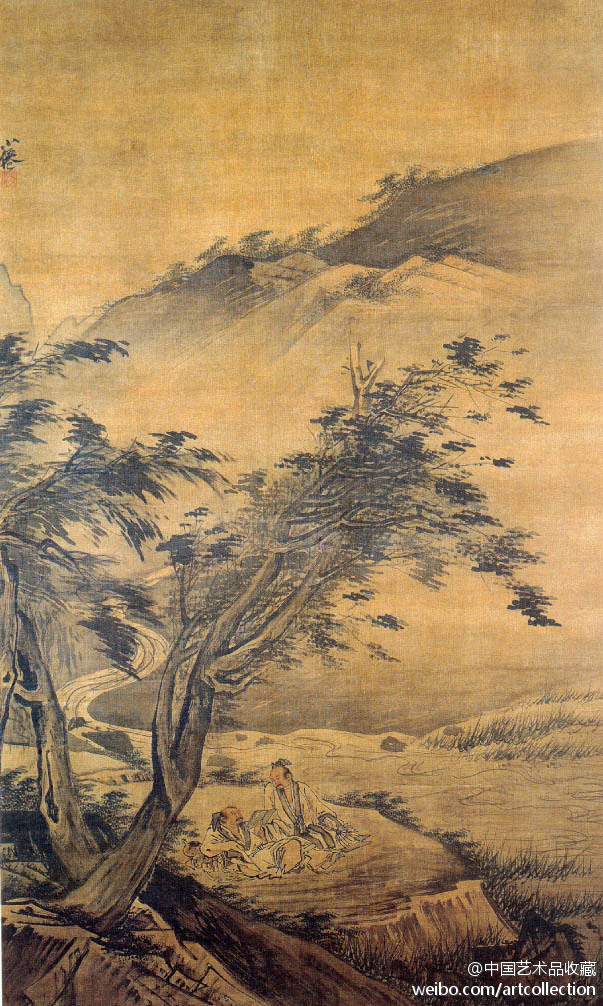 【 明 吴伟 《临流读书图》 】绢本设色，167×97.3cm，上海博物馆藏。画风豪纵宕逸。绘山麓溪边平坡上两士人坐在树荫下，各执书卷、羽扇，神态悠闲随意，似在纵论诗书。远山、近坡、老树的画法粗简纵放，极具气势。水纹的勾勒则柔婉流畅，涓涓溪流给充满雄强健拔之势的画面注入一丝宁静的气息。