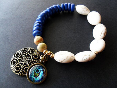 Wood and Magnesite Stone Peacock Charm Bracelet