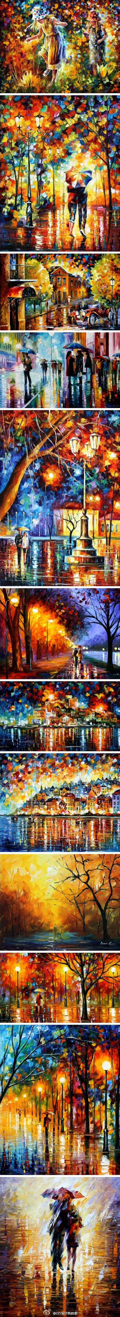 白俄罗斯画家Leonid Afremov的都市风景油画。愿美画伴你入梦乡~ @DIY设计我的家