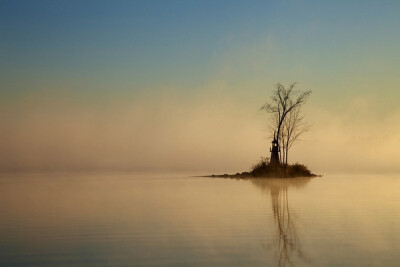 Crowe Lake, 安大略省, 加拿大。摄影： Janine Jones。一个岛，一棵树，一座灯塔。