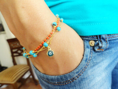 Evil eye bracelet with turquoise natural beads and orange bead chain ethnic daily use jewelry best friend birthday everyday mother gift