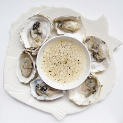 Coconut vinegar and sweet, crunchy Asian pears give a traditional Mignonette sauce for oysters a modern flair.