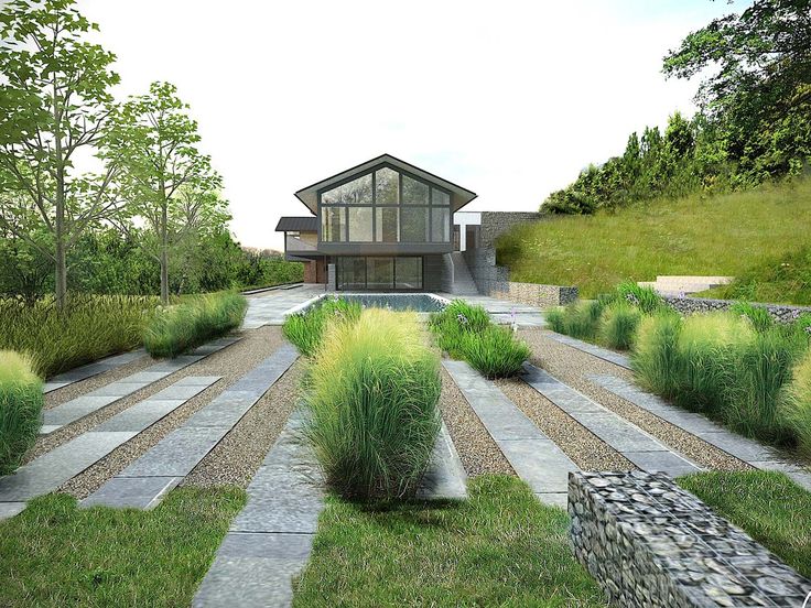 This modern layout for a long and narrow garden emphasizes the length of the garden（这是一张效果图！?。。。? id=