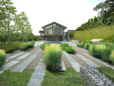 This modern layout for a long and narrow garden emphasizes the length of the garden（这是一张效果图！！！！）