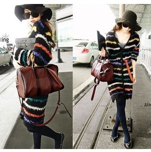 外贸欧美原单正版菁菁同款混搭风彩色条纹毛绒长款毛衣开衫外套