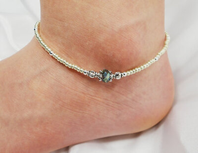 Anklet, Ankle Bracelet Seafoam Sage Green Beaded Crystal Donut, Light Gold Czech Glass, Customizable, Vacation, Beach, Cruise