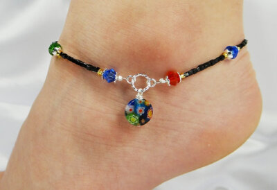 Anklet, Ankle Bracelet, Millefiori Dangle, Red Blue Green Yellow Black, Swarovski Crystal, Colorful, Customizable, Vacation, Beach, Cruise