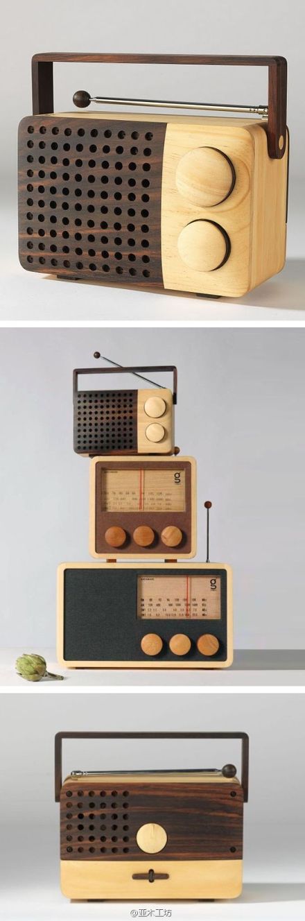 来自Wooden Radio Studio的木头收音机，圆滑的边角，超大的旋转调频按钮，不同色泽的木材产生了更多的视觉感，手工制作其中一个收音机需要16个小时。