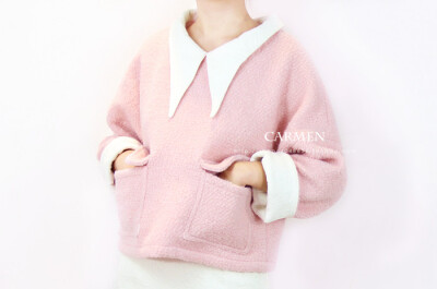 Carmen#原创设计 全羊毛烟粉色尖尖miu领套头上衣 地素dazzle风格