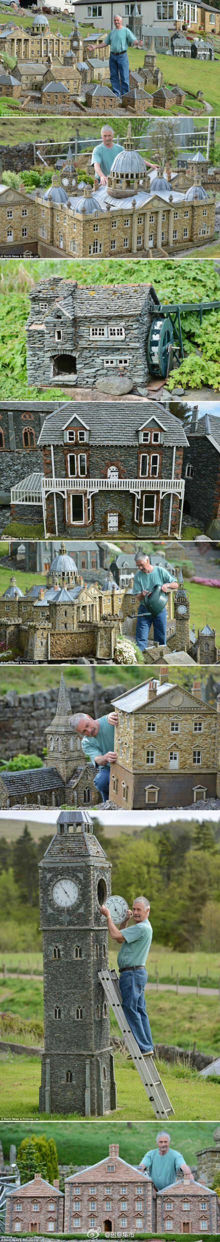 【英国67岁老人建成三座微型村庄】每日邮报报道，67岁的前建筑工人罗宾逊在退休后仍不愿放弃老本行.他在自家花园里继续盖高楼，他已在花园里建成了三座微型村庄，其中包括迷你教堂、城堡、工场、酒吧、村舍等等，甚至包括一座高达3.6米的大本钟模型，可以一边干活，一边看看时间呢。(转)