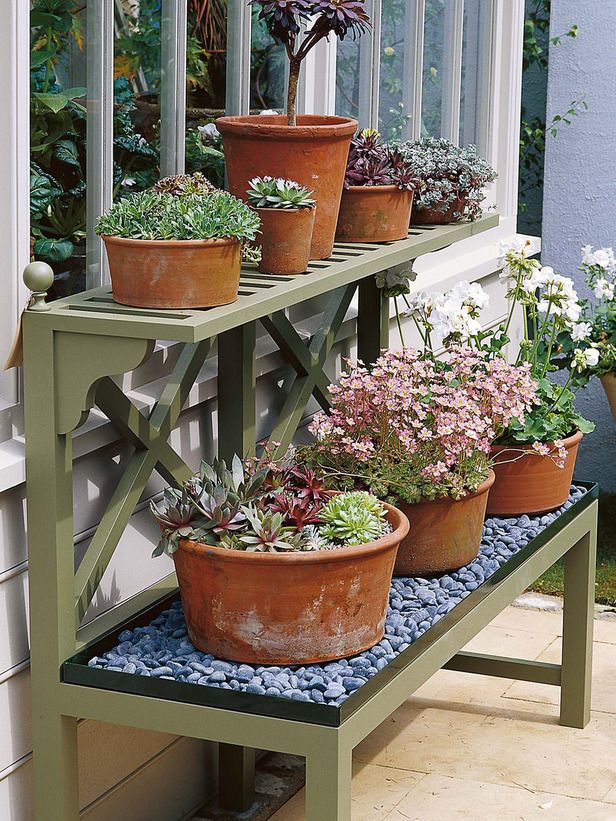 Design tip: Rather than use one or two large planters, scale down the
size of your pots. Several small containers can be used in a smaller
space, either on the wall or on garden shelves. Pots can dry out fas… more