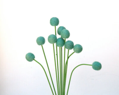 Wool Flowers, felt Craspedia Billy Button Ball Blooms home decor teal turquoise blue green handmade housewarming gift pom pom, Needle felted