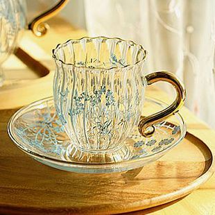 韩国蓝色印花透明玻璃茶杯/耐热玻璃茶杯＋茶碟