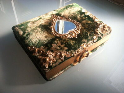 1800s Green Velvet Antique Photo Album / Victorian Gothic Style with Metal Clasp &amp; Heart Mirror