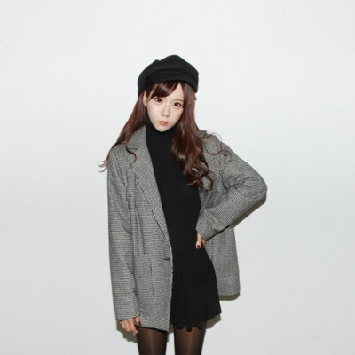 「HEIZ」韩国foxroom朴敏善学院风格纹格子毛呢双口袋宽松外套