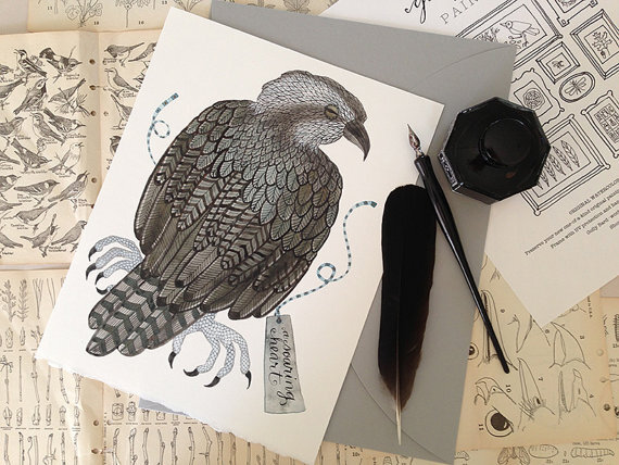 Title: 【A Soaring Hear 腾飞中的心t】Palette: {silver, charcoal grey, blue} /An avian specimen for those who love natural history, especially ornithology. Original watercolor painting, one of a kind, painted by hand.