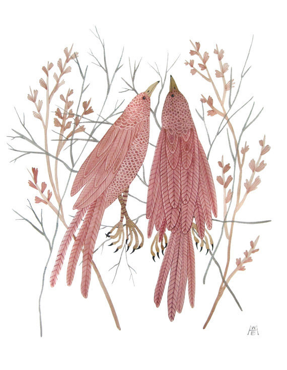 【Hour of Birds III 】 Expounding the sky. Some things that fly. Palette: {blush pink, coral red, grey, brown, gold} Original watercolor painting, one of a kind, painted by hand.