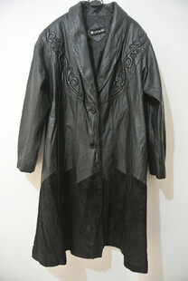 vintage复古古着韩国制嬉皮艺术范黑色绣花拼接羊皮皮衣外套