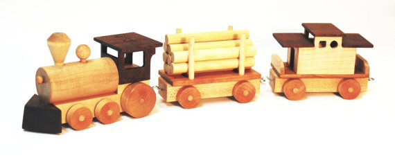 Wooden Toy Train Set - Three 6" cars - Engine, Log car (or Gondola), and Caboose - Natural hardwood