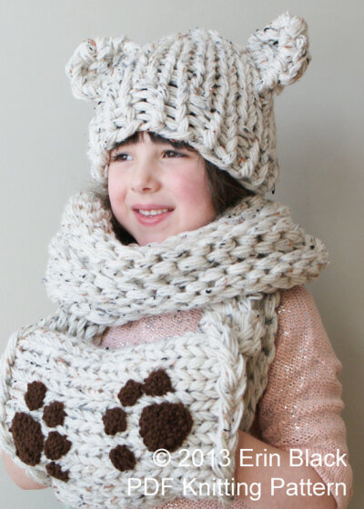 Knitting PATTERN - Chunky Bear Hat and Muff Cowl in Toddler, Child and Adult Sizes (hat008)