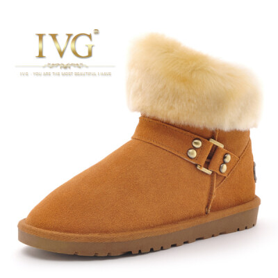 IVG正品澳洲冬季雪地靴女子真皮经典套筒短靴平跟兔毛保暖鞋毛靴。