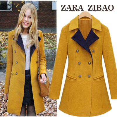 zara zibao 2013冬装新款羊毛呢大衣外套长袖双排扣毛呢外套大衣