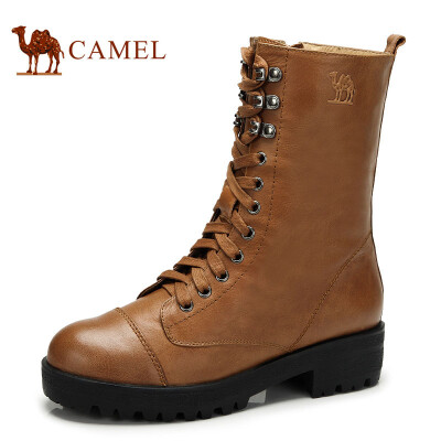 camel骆驼女靴真皮牛皮正品女靴中跟圆头休闲时尚马丁靴2013新款。