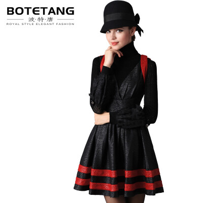 波特唐2013秋冬季时尚背心裙撞色V领黑色高腰无袖修身背心连衣裙。