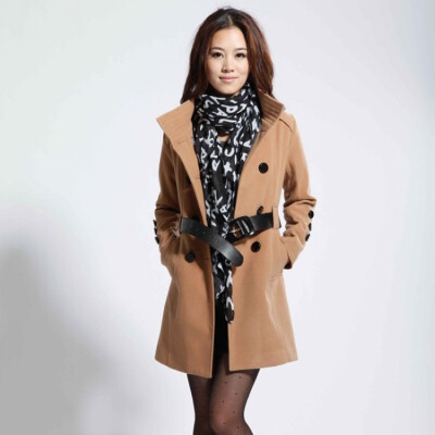 包邮新品促销韩版通勤修身型长袖双排扣羊毛毛呢风衣女款2013新款