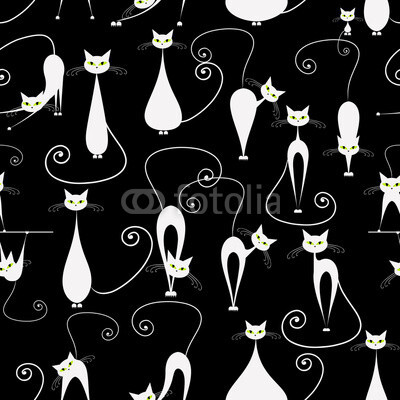 White cats on black, seamless pattern for your design