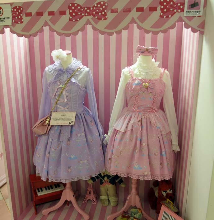 Gothic &amp; sweet lolita dresses, punk fashion, accessories in Tokyo, Japan. See store photos &amp; shopping guide on La Carmina blog: http://www.lacarmina.com/blog/2013/04/angelic-pretty-lolita-putumayo-baby-stars-shine-bright-vivre/ angelic pretty dresses, pink purple lolita jsk, lolita coordinates