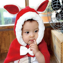 汤姆宝贝 新款宝宝兔耳朵儿童防风披肩帽子婴儿秋冬披风斗篷保暖帽 红色