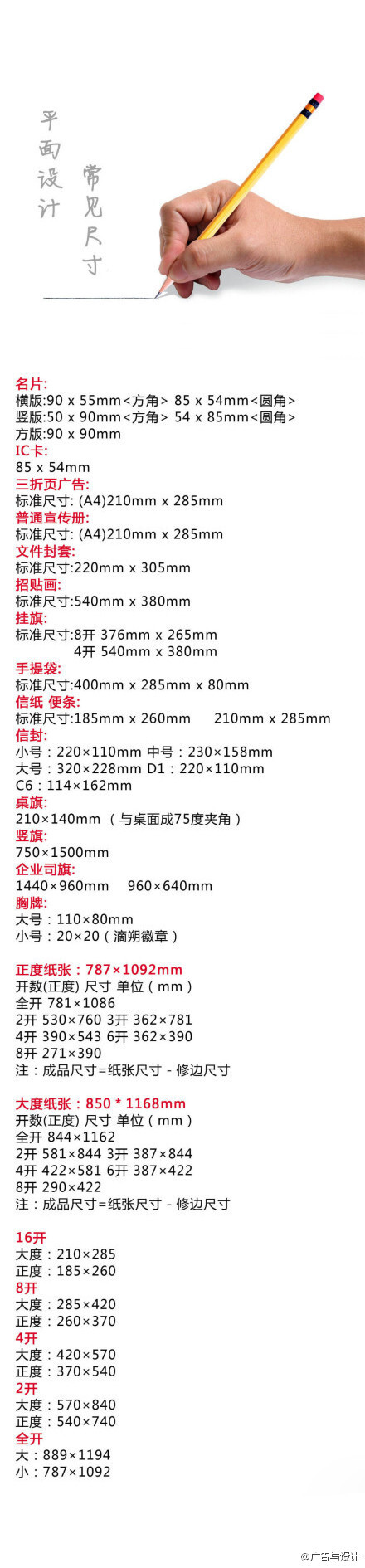 【平面设计常用尺寸】有很多同学不知道这些概念，分享这组常用平面设计尺寸表，推荐收藏留用。（via锐意设计网）