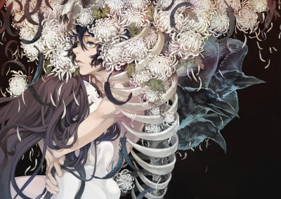 Konachan.com - 172524 animal bird black_hair chkuyomi feathers flowers green_eyes hug original