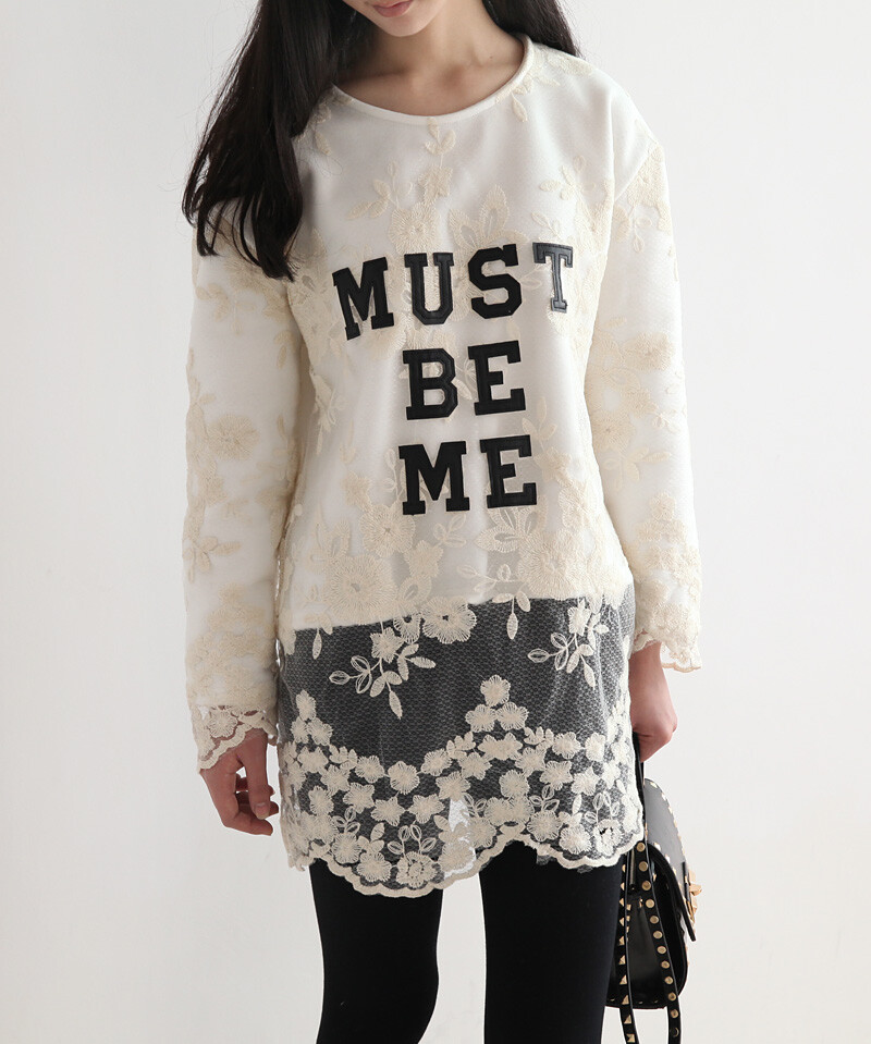 款蕾丝套头字母圆领长袖纯色中长款打底蕾丝女士卫衣