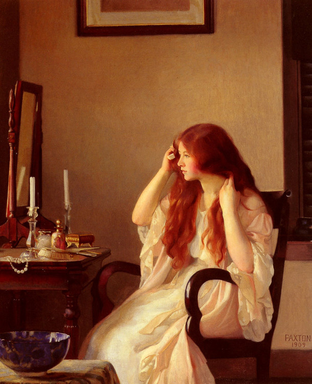 《Girl Combing Her Hair》——William McGregor Paxton（1869-1941），美国印象派画家